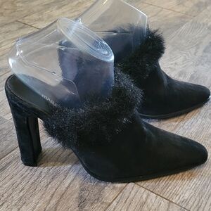 Main Frame Fur Trim Suede Slip On Heels Shoes Point Toe Coquette Boudoir Whimsy